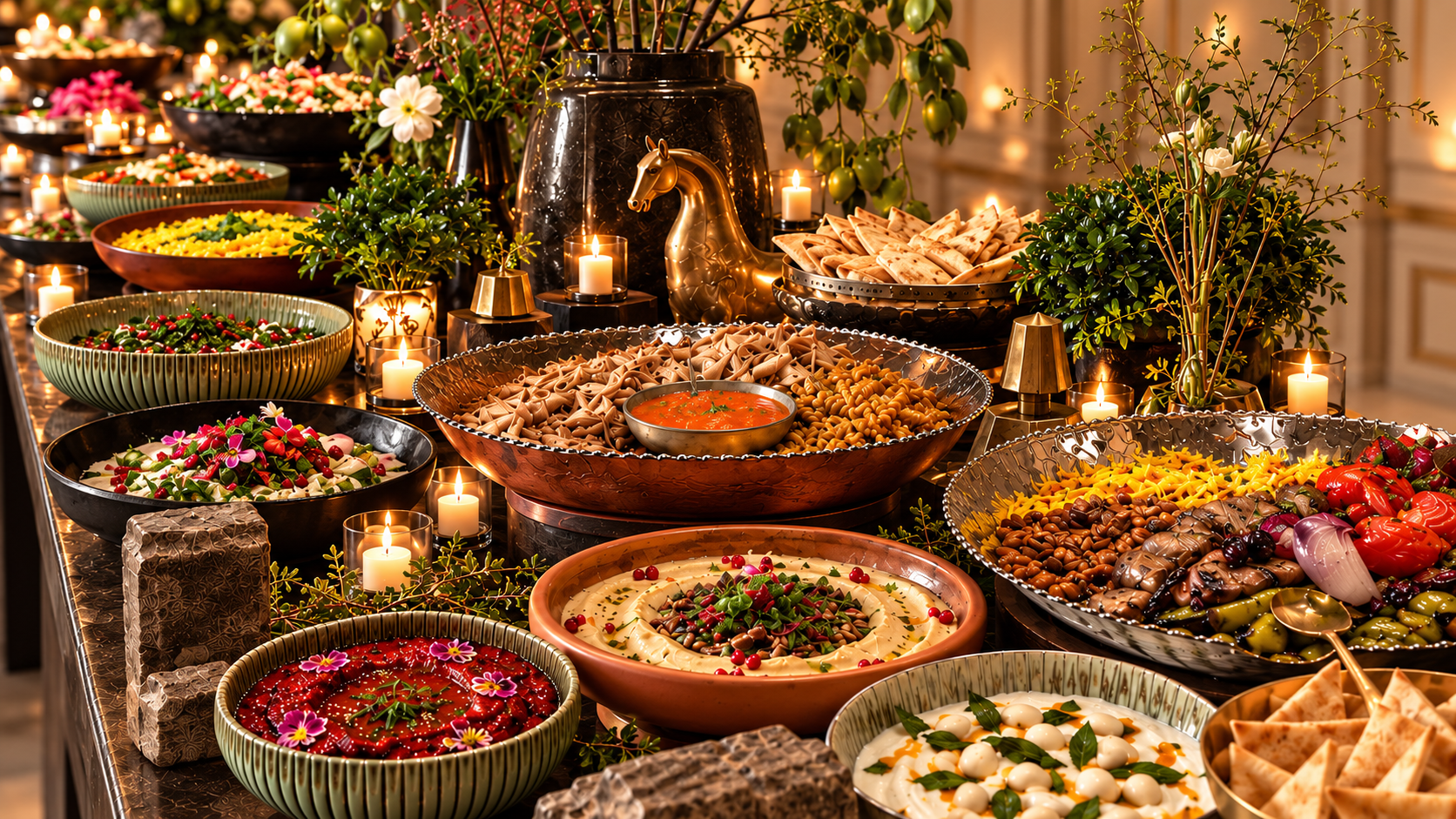 Abundant candlelit Mediterranean wedding buffet with elegant gold decor
