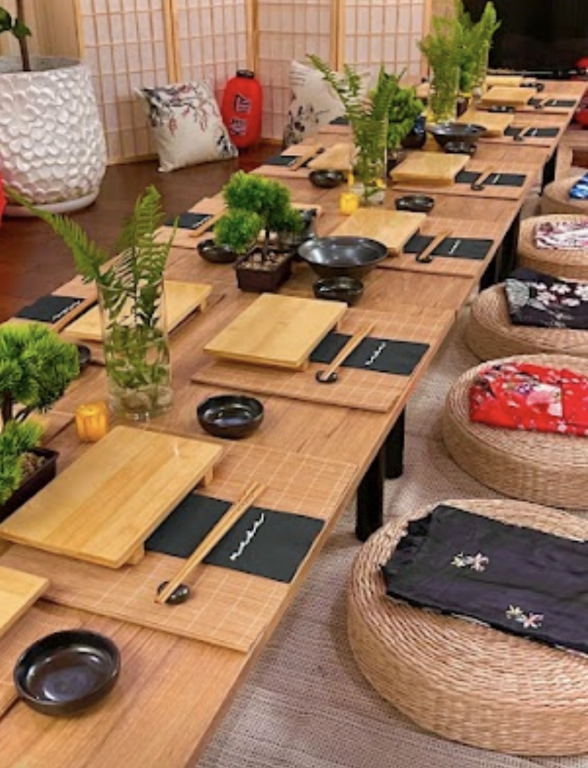 Japanese-inspired low dining tables and floor cushions