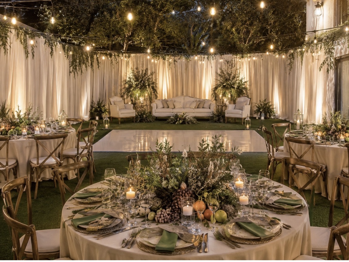 Elegant garden reception with draping and candlelight