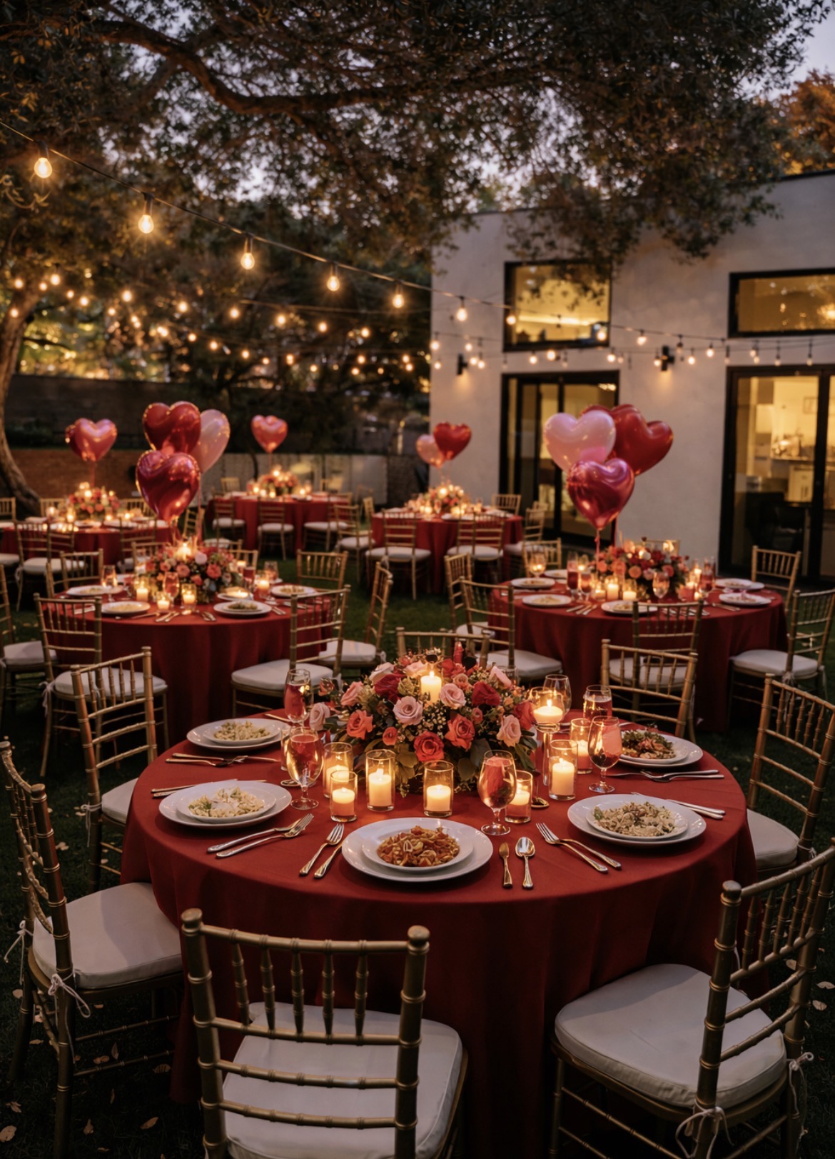 Intimate burgundy garden dinner under string lights