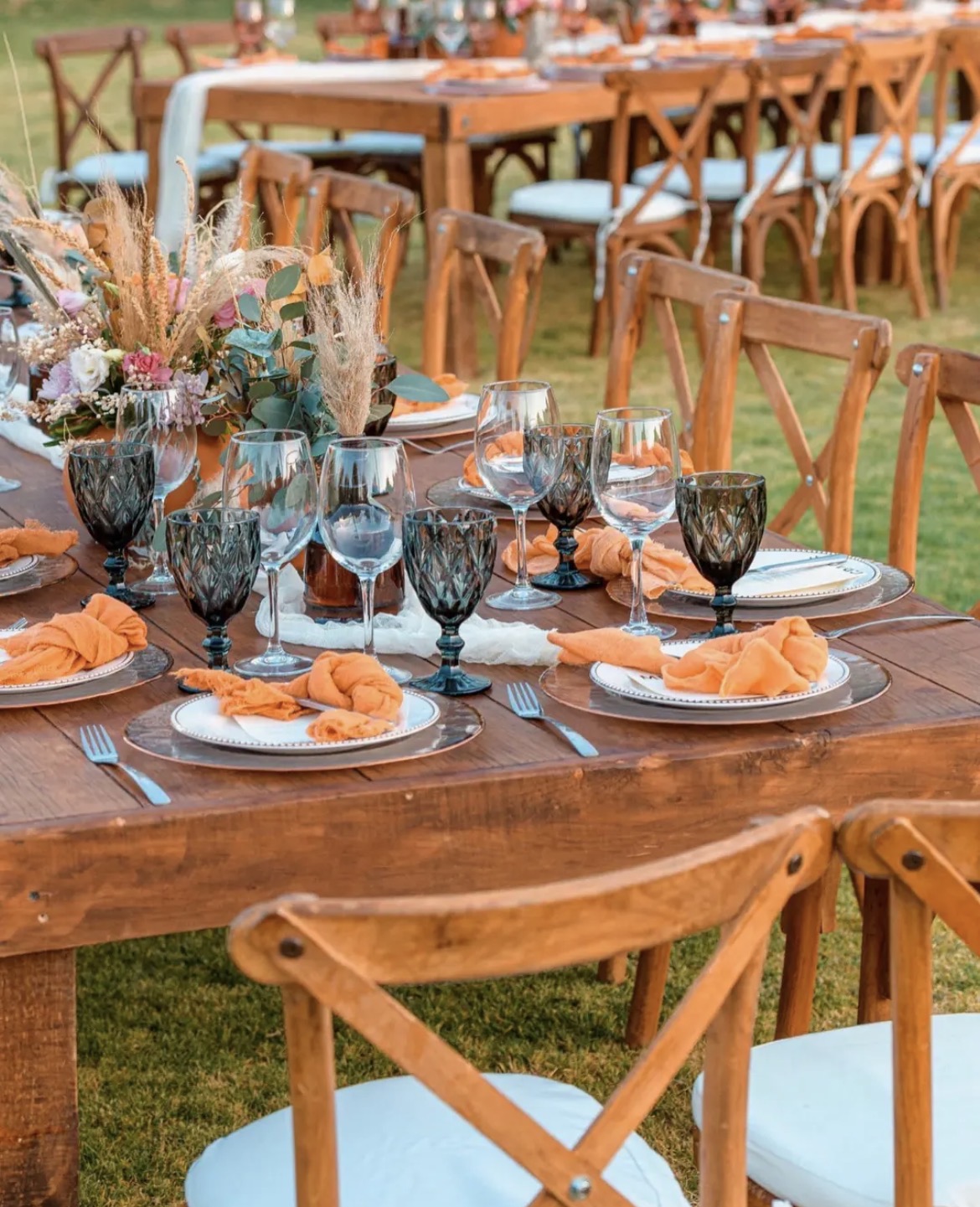 Rustic garden dining with blue glassware