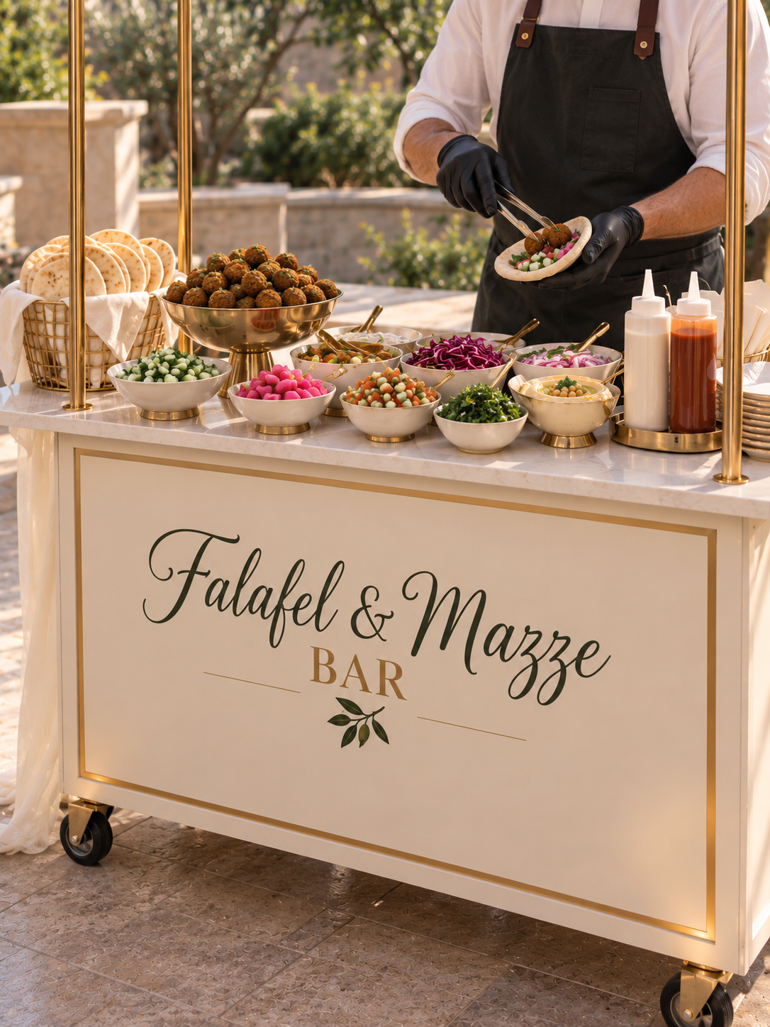 Falafel and mezze cart with a server preparing fresh pita