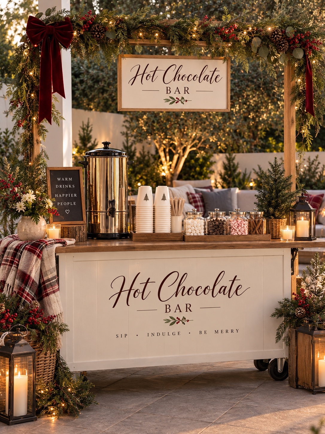 Festive hot chocolate cart with holiday greenery and burgundy bows